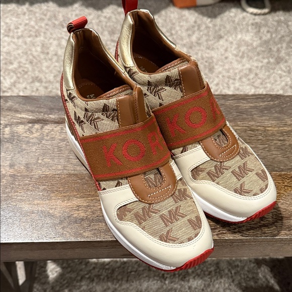 Michael Kors Red and Brown Monogram Slip-On Sneakers - Picture 1 of 6